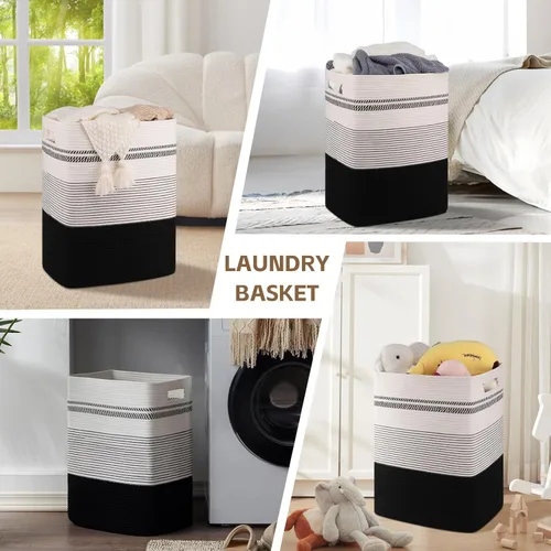 Vista 8 de Cesta de Ropa Sucia, Cesta de Lavandería Grande de Cuerda Tejida Alta con Asas, 22" X 17" X 13", Cesta de Almacenamiento Decorativa para Ropa