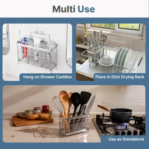 Vista 4 de KESOL Soporte para utensilios de acero inoxidable, estante de secado de utensilios con 3 compartimentos divididos, cesta de secado de utensilios