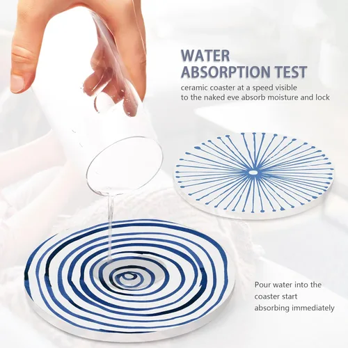 Vista 5 de Juego de 6 posavasos con soporte, posavasos de cerámica absorbentes de la serie acuarela azul con base de corcho, se adaptan a todas las tazas, gran