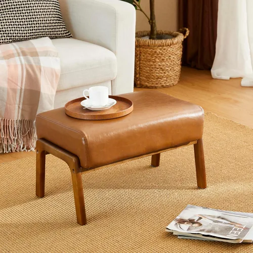 Vista 10 de Glitzhome Juego de 2 bancos otomanos rectangulares, moderno reposapiés de cuero sintético café con patas de madera de caucho de nogal para sala