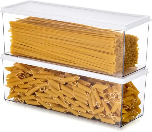 Hanobe - Contenedores para pasta para despensa, grandes, para espaguetis y fideos y lasaña, 2 piezas, contenedor rectangular transparente gris con