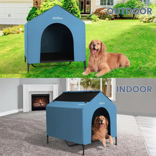 Vista 6 de Casa para perros 2 en 1 de 42" pulgadas para perros medianos, casa elevada para perros al aire libre e interior, refugio de cachorros en exteriores