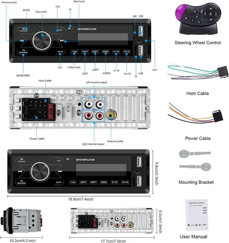 Vista 6 de Receptor de audio multimedia Bluetooth estéreo para automóvil de un solo DIN, radio de coche de 1 DIN con llamadas manos libres, 2 USB/AUX FM Radio