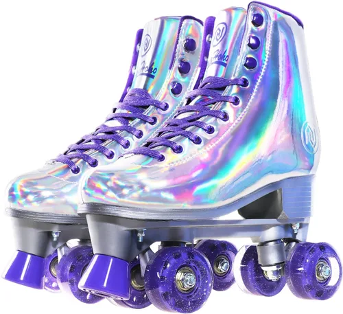 Patines holográficos de piel sintética para mujer, patines de cuatro ruedas brillantes de doble fila, cuatro ruedas para niñas y edades de 8 a 50