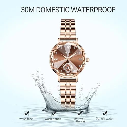 Vista 3 de Reloj de pulsera del cuarzo del diamante del oro rosa del acero inoxidable, reloj de moda de las señoras de la prenda impermeable