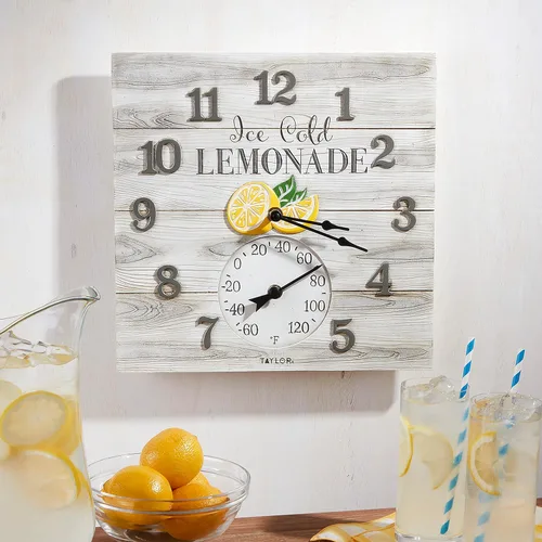 Vista 6 de Taylor Lemonade - Reloj y termómetro de poliresina para interiores y exteriores, 14 pulgadas, multicolor