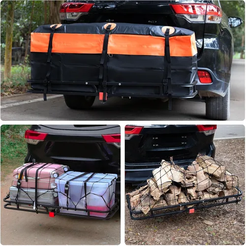 Vista 7 de WEIZE Cesta de Carga con Enganche para SUV, Camión - 53x19 Pulgadas, Capacidad de 500LB, con Bolsa Impermeable, Correa de Red, Tensor, Recubierto