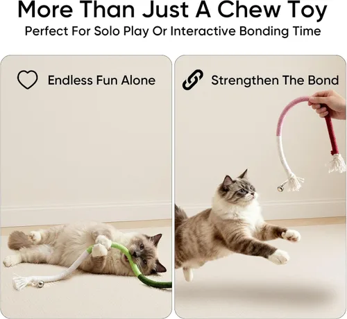 Vista 5 de AGYM Paquete de 4 juguetes interactivos de cuerda para masticar para gatos, palos de algodón duraderos tejidos a mano con cascabeles – Juguetes