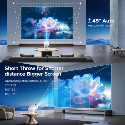 Vista 5 de Mini proyector con WiFi y Bluetooth, proyector de película portátil inteligente compatible con 4K, 300 ANSI, altavoz base de 5 W, rotación de 220°