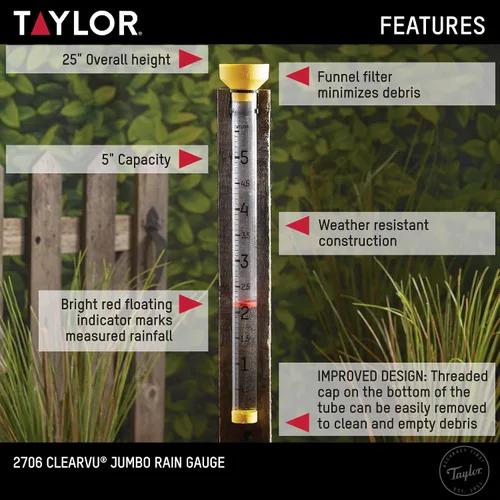 Vista 5 de Taylor - Medidor de lluvia Jumbo de 5 pulgadas de capacidad con indicador flotante rojo