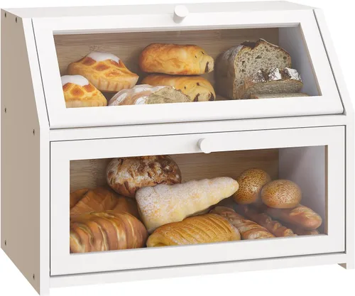 Vista 9 de Caja de pan de granja BMOSU para mostrador de cocina Caja de pan de doble capa de bambú y madera de gran capacidad contenedor de almacenamiento