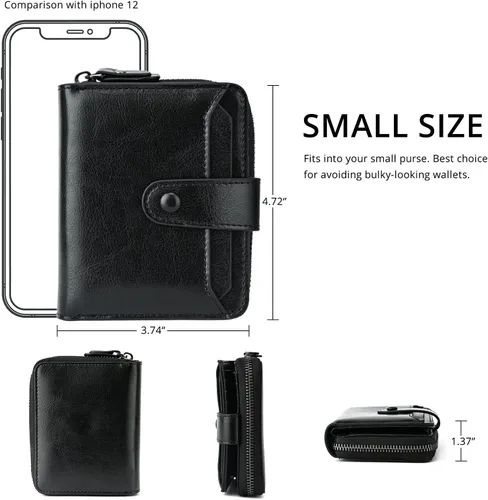 Vista 5 de Billetera pequeña para mujer con bloqueo RFID, cierre de cuero, bolsillo para monedas, tarjetero, con ventana de identificación, Negro
