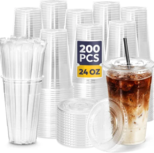 Vista 12 de Fit Meal Prep Paquete de 100 Vasos de Plástico para Café Helado de 9 oz con Tapas Planas y Pajitas Negras, Vaso Transparente Desechable, Vaso Libre