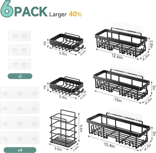 Vista 8 de Veken Paquete de 5 estantes de ducha resistentes al óxido e impermeables, estantes de ducha esquineros adhesivos sin perforaciones, estante