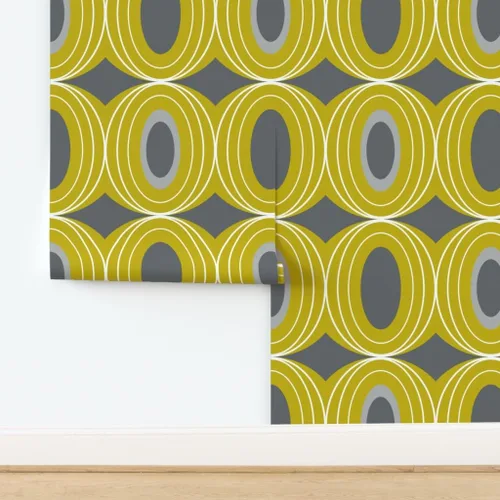 Vista 5 de Peel & Stick Wallpaper Swatch - Retro Geometric Mid Century Modern Yellow Gray Scale Geo Circles Vintage Custom Removable Wallpaper by Spoonflower