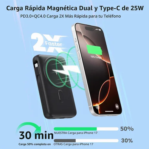 Vista 5 de Cargador portátil magnético para el iPhone, 10800mAh Power Bank Cables Negro