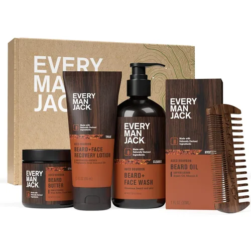 Every Man Jack Beard Essentials Set de regalo para hombres – Rutina completa con 5 elementos esenciales de tamaño completo – Aroma de bourbon