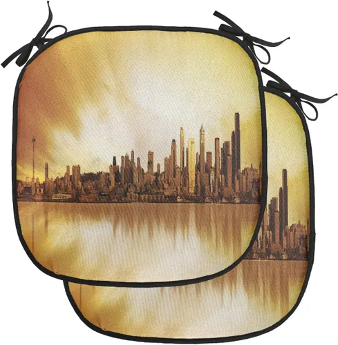 Vista 32 de Lunarable USA Chair Cushion Pad, American Cities Skylines Metropolis Architecture Sketch Style Hand Drawn Art Print, Seat Padding for Kitchen &