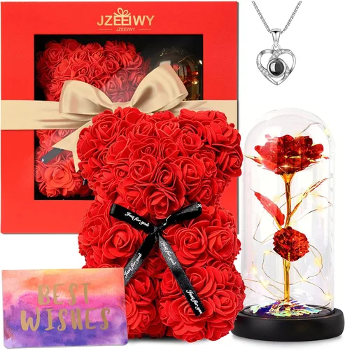 Vista 6 de Regalos para mamá de hija y hijo, flores de rosas preservadas con collar de abuela "Te quiero mamá" Mamá roja