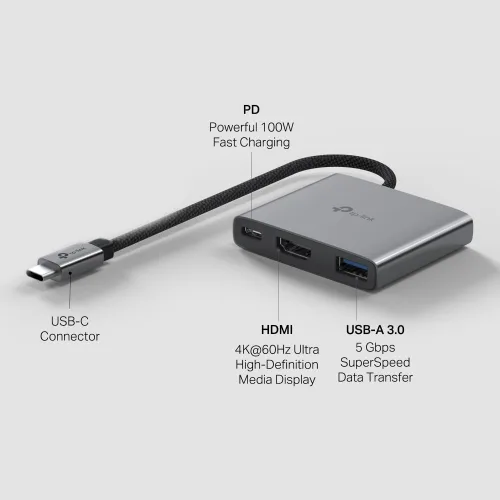 Vista 3 de TP-Link Adaptador multipuerto USB C Hub 3 en 1 (UH3020C) HDMI 4K Entrega de potencia de 100 W 1 puerto USB-A 3.0 Transferencia de alta
