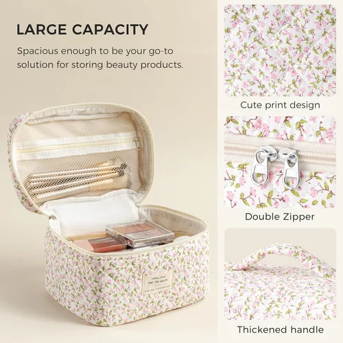 Vista 83 de HBselect Bolsa de Maquillaje Acolchada, Bolsa de Maquillaje Grande de Algodón para Viaje, Lindas Bolsas de Maquillaje con Flores Coquette, Bolsas
