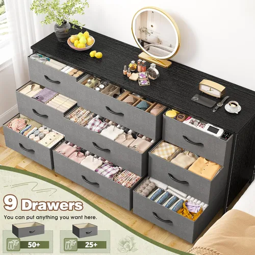 Vista 4 de EnHomee Cómoda para dormitorio con 9 cómodas anchas, soporte de TV de 60 pulgadas para dormitorio, cómoda larga y centro de entretenimiento de TV