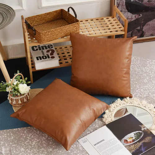 Vista 4 de Tosewever Juego de 4 fundas de almohada geométricas bohemias de 18 x 18 pulgadas, fundas de almohada de algodón de piel sintética a rayas modernas