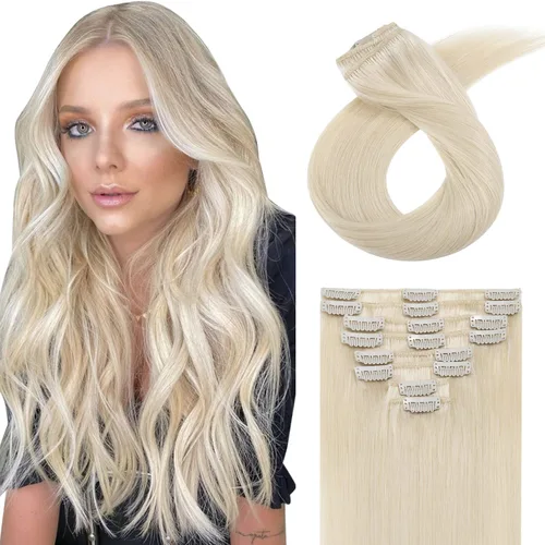 Vista 33 de Extensiones de cabello con clip, cabello humano Remy, extensiones de cabello largo lacio de una pieza con 5 clips, con gancho para colgar