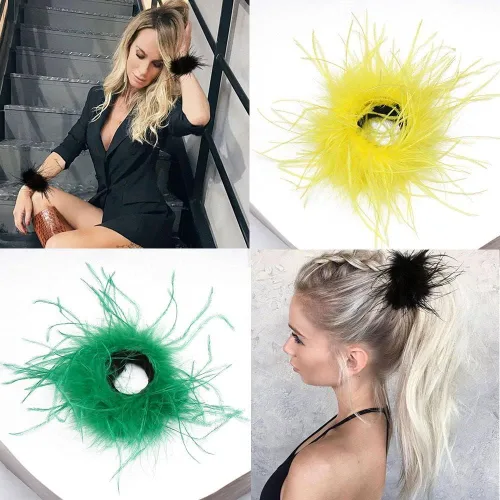Vista 7 de Cooluckday 2 pares de pulseras de plumas para mujer anillo de palmadas decoración de muñeca mangas de puño accesorios para el cabello negro gris