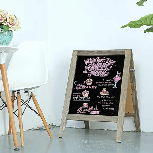 Vista 2 de MyGift Cartel de pizarra borrable de madera rústica con marco en A, caballete de pizarra de doble cara, tablero de menú de acera, señalización