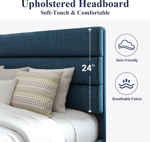 Vista 4 de Allewie - Base de cama tamaño King con cabecera tapizada en tela y soporte de listones de madera; base de colchón completamente tapizada; no Azul