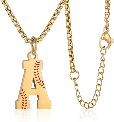 Susook Collar con inicial de béisbol para niños, dije de letra A-Z, cadena de acero inoxidable de 22 + 2 pulgadas, regalo de béisbol personalizado