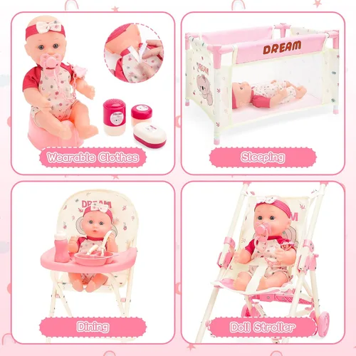 Vista 4 de deAO Juguetes de Cochecito de Muñeca Bebé con Muñeca Bebé de 12" Accesorios Cama de Cuna Silla Alta Conjunto de Juego de Roles de Guardería Tapete