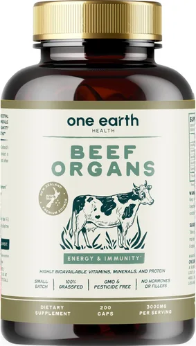 One Earth Health Nueva Zelanda 100% órganos de carne de res alimentados con pasto – (200 unidades, 3,000 mg de porciones) Hígado, corazón, riñón