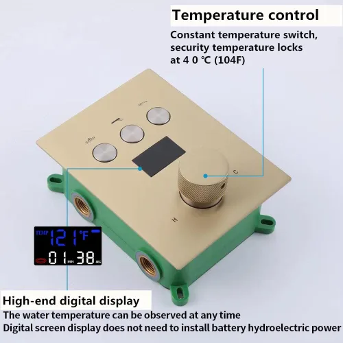 Vista 6 de AYIVG Válvula mezcladora termostática de oro cepillado, pantalla de temperatura, función de 3 vías, válvula desviadora de ducha, grifo de latón, kit