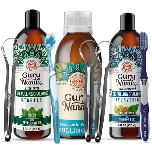 GuruNanda Aceite de extracción original, avanzado y de coco y menta, enjuague bucal sin alcohol ni flúor, 100% natural, mezcla ayurvédica para
