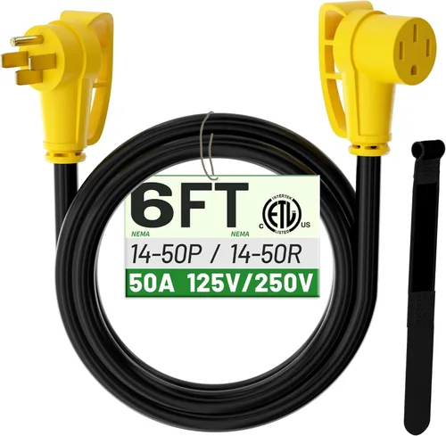 POWGRN NEMA 14-50P a NEMA 14-50R Cable de extensión de 50 amperios para RV/EV de 6 pies al aire libre con mango de agarre, cable de alimentación