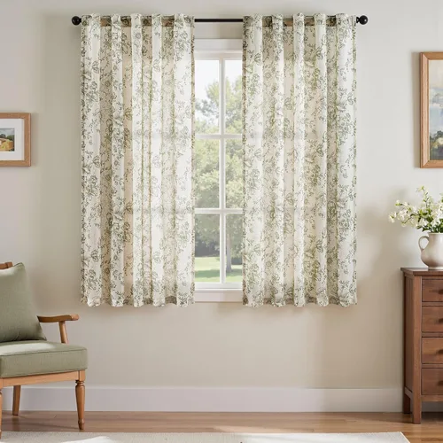Vista 115 de JINCHAN Cortinas de mezcla de lino con flores para sala de campo francés, cortinas para sala de estar de 84 pulgadas de largo, cortinas impresas