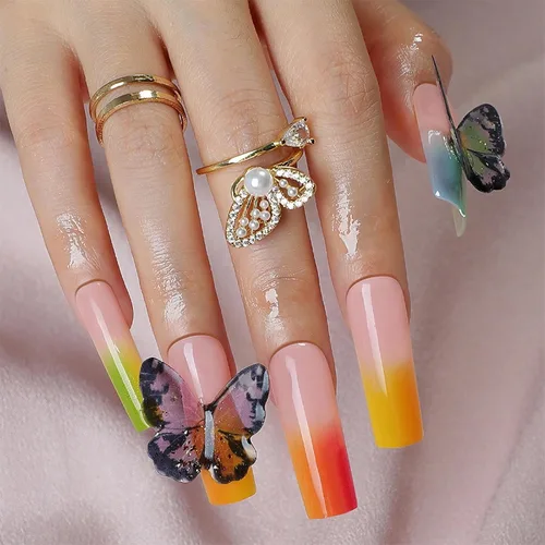 Vista 13 de MISUD Uñas a presión – Uñas cuadradas largas con pegamento rosa y negro, acrílico Y2K diseño de dijes de 24 piezas