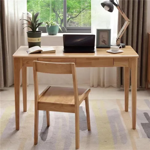 Vista 5 de Escritorio de madera maciza con cajones, escritorio de computadora pequeño para espacios pequeños, escritorios de estudio de juegos, oficina en casa