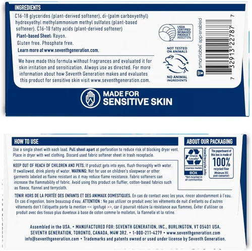 Vista 2 de Seventh Generation Sábanas para secadora suavizantes de tela para lavandería, libre y transparente, hechas para pieles sensibles, 80 hojas