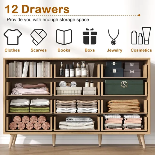 Vista 58 de Rovaurx Cómoda doble de 6 cajones para dormitorio, cómoda de ratán, cómoda de madera moderna con asas doradas, mesa auxiliar para armario, sala