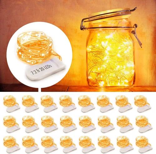 Vista 10 de MUMUXI Paquete de 24 luces de hadas con pilas, 20 luces LED impermeables de 7.2 pies, alambre plateado, luces estrelladas de luciérnaga para bodas