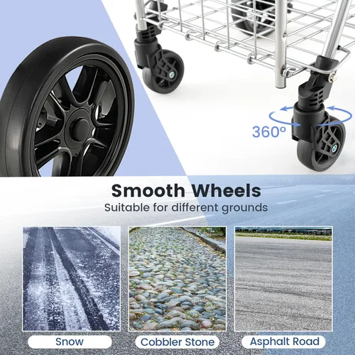 Vista 6 de Goplus Carrito Plegable de Compras de Utilidad, Cesta Doble y Ruedas Giratorias de 360°, Mango Ajustable, Carrito Pequeño Perfecto para Comestibles