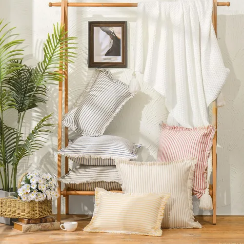 Vista 7 de Fundas de almohada ZWJD de 22 x 22 pulgadas, juego de 2 fundas de almohada a rayas con borlas, fundas de almohada decorativas de algodón elegante