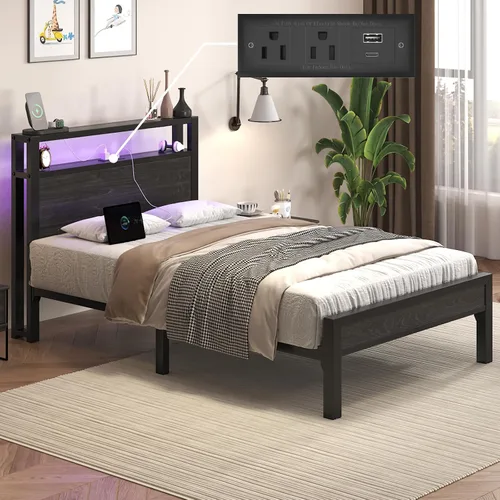 E-Motie Base de cama de tamaño individual con luces LED y estación de carga, cabecero de almacenamiento de madera con estantes de 2 niveles, Negro