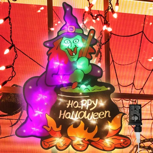 Vista 16 de LAMPHOME Paquete de 4 fantasmas iluminados con LED, letrero de Happy Halloween, bruja, Jack-O-Lantern de Halloween, decoración de ventana iluminada