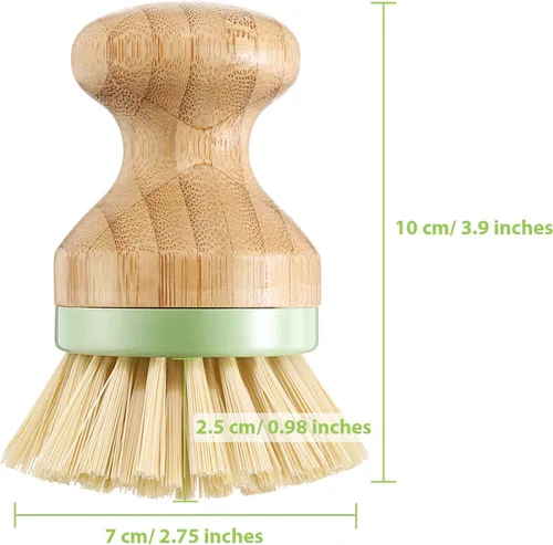 Vista 2 de 4 cepillos de bambú para fregar platos con soportes, de madera, de bambú, redondos, cerdas rígidas, cepillos para lavar platos, ollas, sartenes