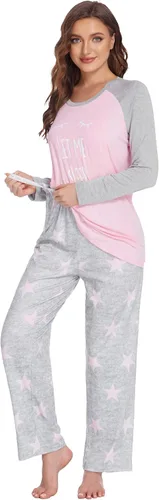 Vista 4 de Ekouaer Conjunto de pijama de maternidad para mujer, manga larga, ropa de dormir para lactancia materna, cómodo conjunto de pijama de embarazo