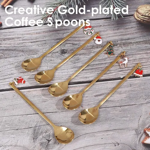 Vista 2 de AKOAK 6 unids/set de cuchara de acero inoxidable de Navidad Set creativo café chapado en oro, cuchara de postre cuchara mezcladora de cocina casera